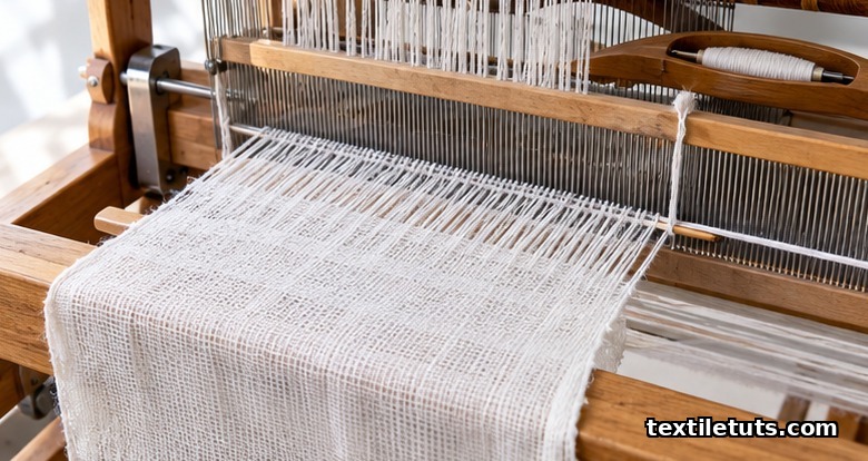 Overhead view of an active doup loom weaving cotton gauze fabric, with paired warp ends twisting around an inserted weft pick on a wooden frame.