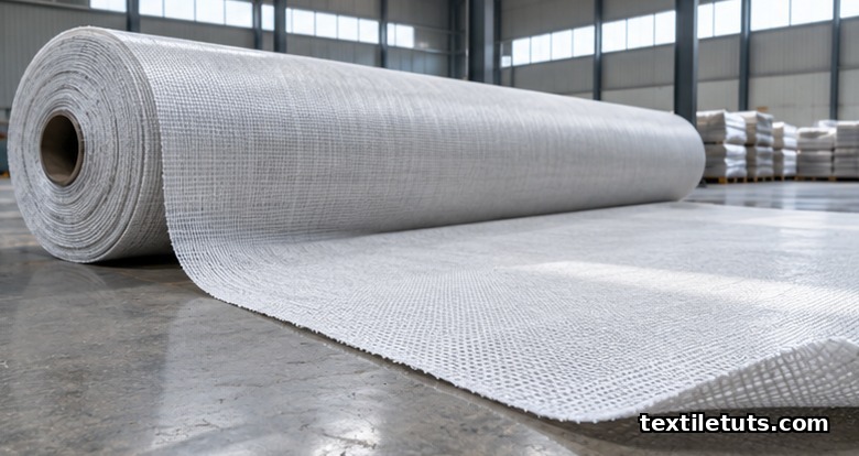 Industrial roll of woven polypropylene geotextile fabric unspooling to reveal orthogonal warp and weft weave pattern.
