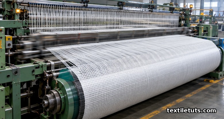 Industrial weaving loom producing woven geotextile fabric with taut warp yarns and finished roll take-up.