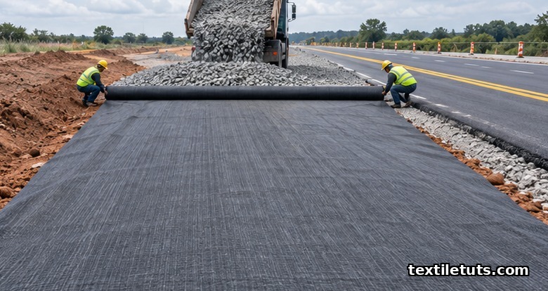 Woven geotextile separator unrolled across road subgrade with crushed stone aggregate being placed on top.