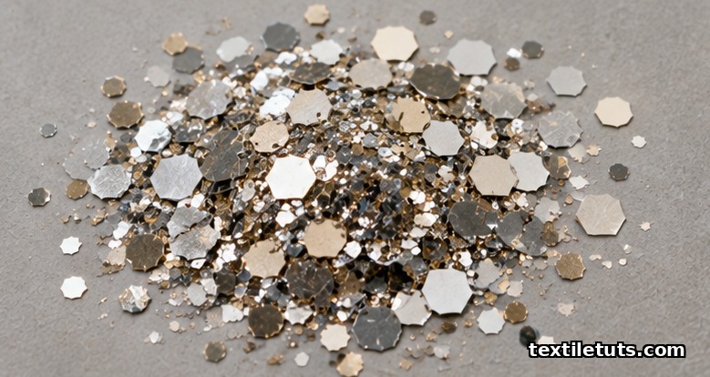 Magnified view of hexagonal precision-cut glitter flakes showing uniform cut edges and reflective surfaces.