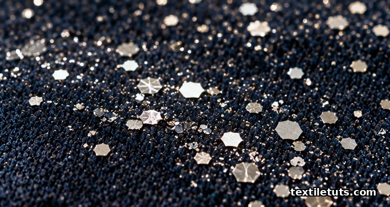 Macro close-up of metallic glitter flakes scattered on dark fabric, reflecting silver and gold under studio lighting.