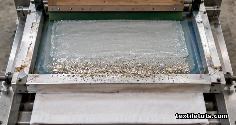 Overhead view of industrial screen-printing setup applying glitter to a cotton textile panel.