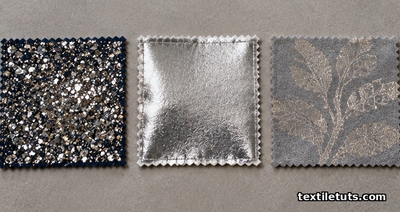 Three fabric swatches comparing glitter, metallic foil, and metallic pigment print finishes side by side.