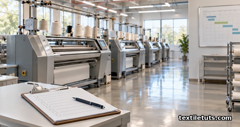 Modern textile factory machines with a checklist clipboard in the foreground, illustrating the on-site third-party GOTS certification audit process.