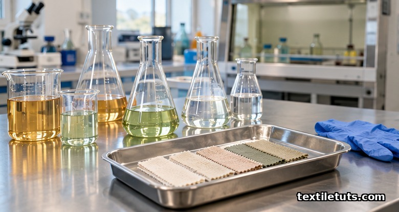 Laboratory workbench with glass beakers of tinted samples and fabric swatches awaiting residue testing, illustrating GOTS chemical restrictions.