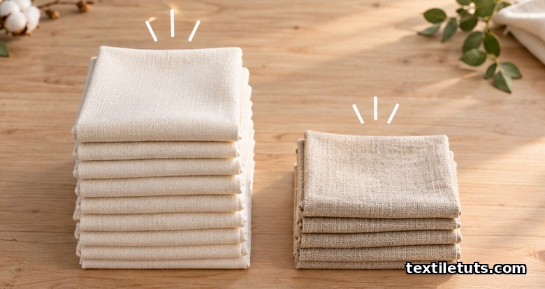 Two stacks of folded organic cotton fabric swatches of different heights on a workbench, visually comparing the 70% and 95% GOTS label tiers.