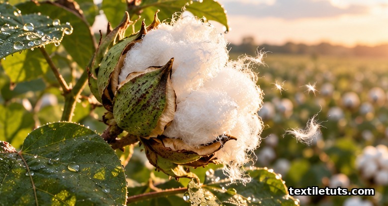 Close-up of an open organic cotton boll with fluffy white fibers on a green plant, illustrating the natural fiber origin behind GOTS certification.