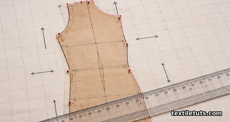 Bodice pattern pinned to gridded paper with pencil tick marks and acrylic ruler showing grade direction