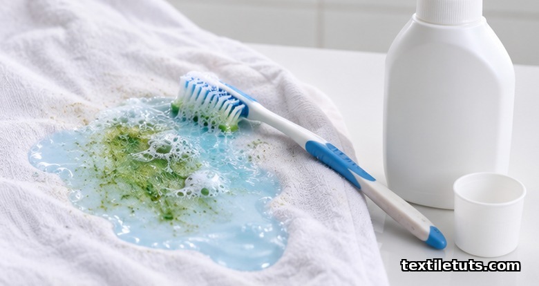 Enzyme liquid detergent applied to a dry grass stain on white cotton with a soft toothbrush beside it