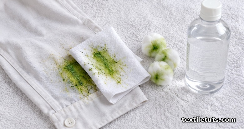 White cloth and cotton balls tinted green after blotting a grass stain with isopropyl rubbing alcohol