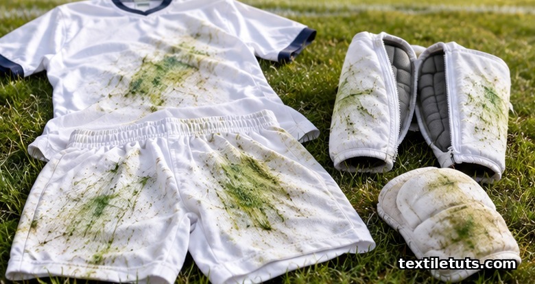 Grass-stained white football jersey, rugby shorts, knee pad and shin guards with removable covers on turf