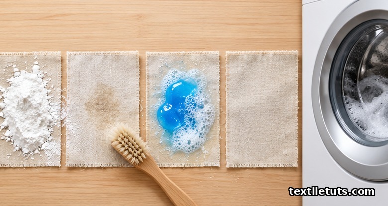Grease stain removal steps on cotton: cornstarch absorption, brushing off, dish soap lather, then a warm wash