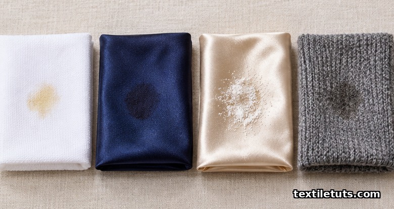 Cotton, polyester, silk, and wool fabric swatches with oil spots, showing grease stain care by fabric type