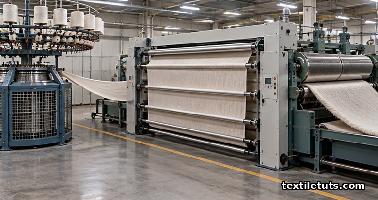 Knit finishing production line showing knitting, stenter drying, and raising-brushing-compacting stages converting greige fabric into brushed fleece.