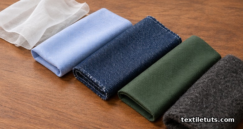Fabric samples arranged by weight from sheer voile through shirting, denim, and chino to heavy melton overcoat cloth.