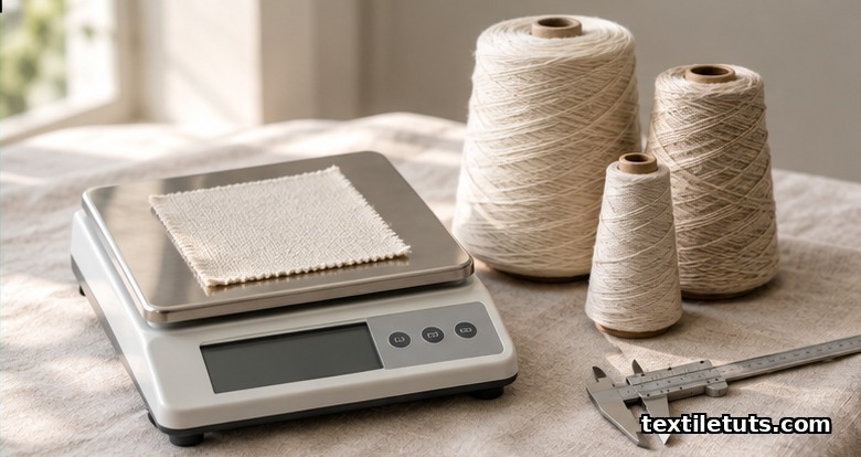 Precision digital scale weighing a square fabric swatch beside three yarn cones on a linen worktable