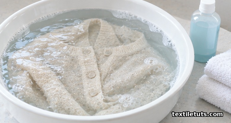 Inside-out acrylic cardigan soaking in a basin of cold water with mild detergent and towels nearby