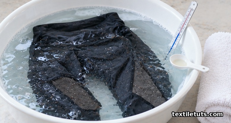 Inside-out mesh-panel leggings soaking in a basin of cold soapy water with a thermometer and towel for hand washing