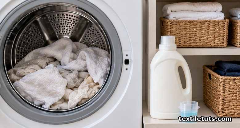 Pink cashmere sweater soaking flat in a basin of cold water, with shampoo, towel, and mesh laundry bag beside it