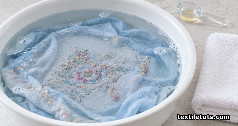 Embroidered blouse turned inside out and soaking in a basin of cold water with mild liquid detergent