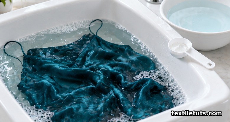 Silk camisole fully submerged in a sink of cold water with light foam and a teaspoon of silk-safe detergent