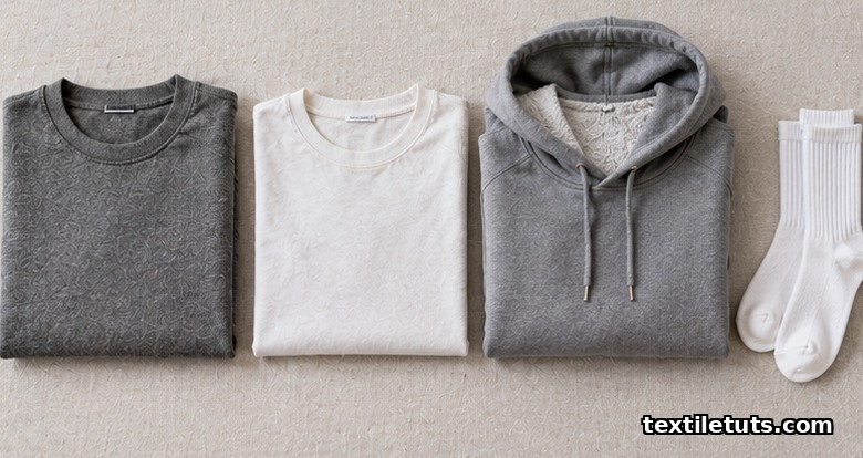 Flat-lay of a heavyweight cotton tee, lightweight ring-spun tee, cotton-poly blend hoodie and spandex socks