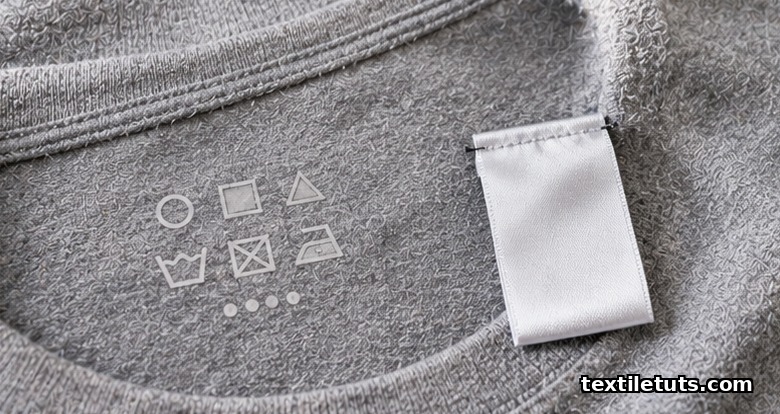 Close-up of a tagless printed care label inside a grey cotton T-shirt neckline beside a sewn-in care tag