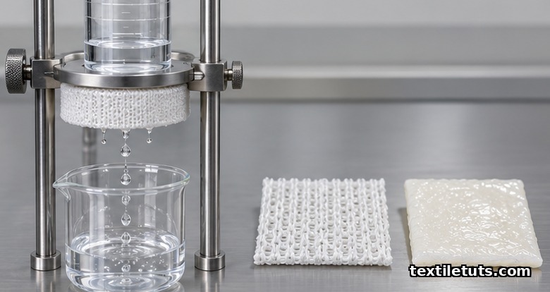 Hydrostatic porosity test setup measuring water flow through a warp-knitted PET valve cuff sample.