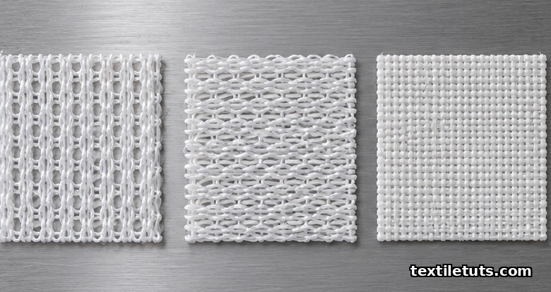 Three fabric swatches comparing warp-knit, weft-knit, and woven PET constructions for valve cuffs.