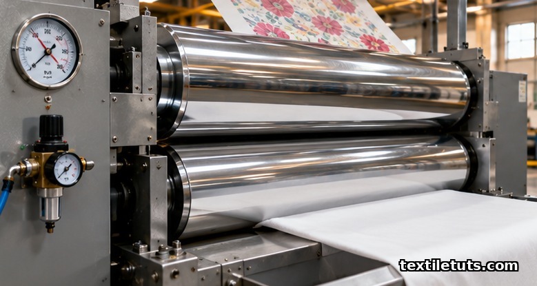 Industrial heat-press calender with chrome rollers pressing printed transfer paper onto polyester fabric, gauge visible on the side.