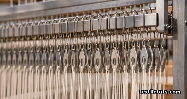 Detailed view of wire heddles suspended from harness frames with warp threads passing through the eyes.