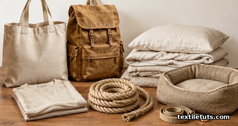 Hemp fabric products including canvas tote, backpack, t-shirt, bed sheets, marine rope and pet leash