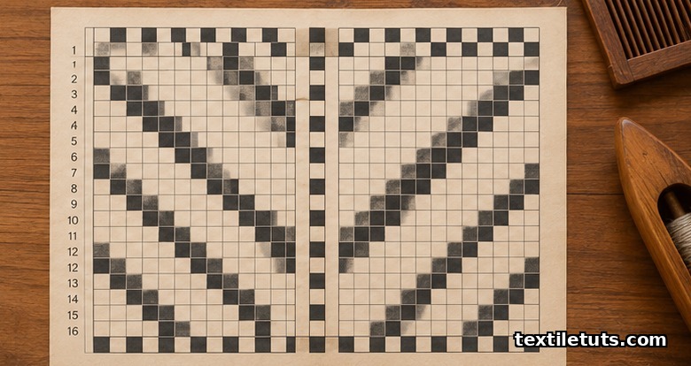 Overhead view of a 16-shaft herringbone drafting plan with two mirrored 2/2 twill segments meeting at the central V spine.
