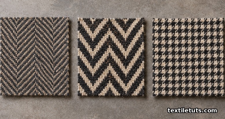 Three fabric swatches comparing herringbone, chevron, and houndstooth weave patterns at the same scale on a stone surface.