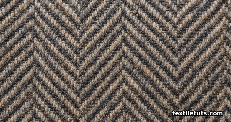 Close-up of wool herringbone fabric showing V-shaped chevron twill pattern in muted oat, charcoal, and slate tones.