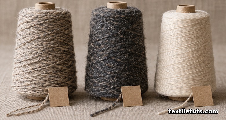 Three yarn spools of worsted wool, woolen, and cotton yarn used in herringbone cloth, displayed on a linen surface.