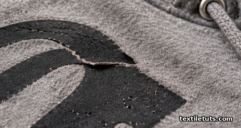 Close-up of HD print defects showing cracks and edge lifting on a cotton hoodie after washing.