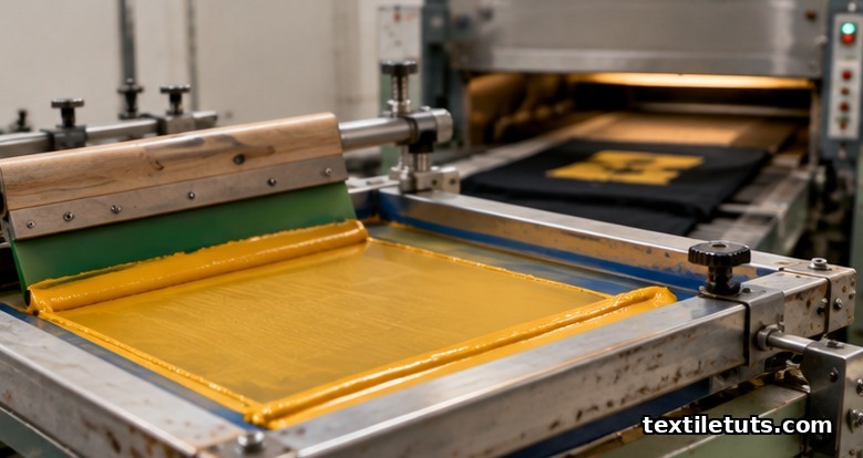 A screen printing press with squeegee applying high-viscosity ink through a coarse mesh screen.