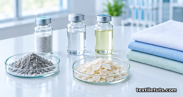 Glass vials and fabric swatches of silver zeolite, QAC, PHMB, and chitosan antimicrobial agents on a lab bench.