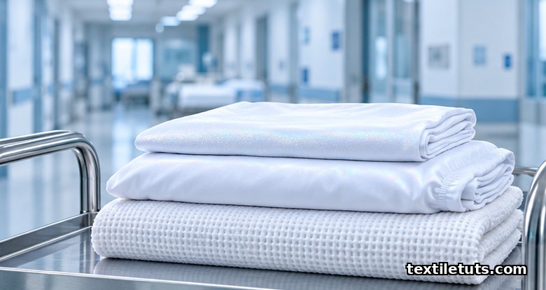 Folded white hospital linens stacked on a stainless-steel laundry cart in soft clinical lighting.