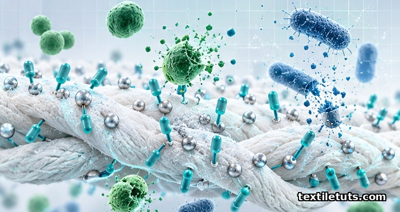 Microscopic cross-section of cotton fibers with silver nanoparticles and quaternary ammonium molecules bonded to the surface.