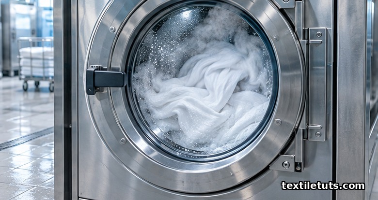 Industrial hospital laundry washing drum with white linens tumbling inside and soft steam rising.