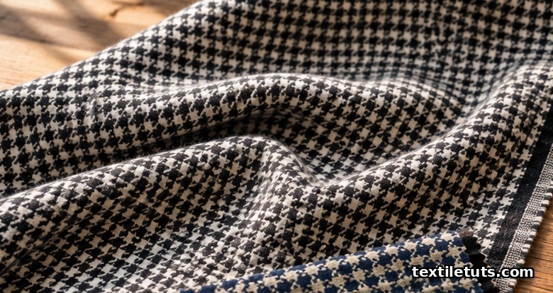 Black-and-white houndstooth suiting fabric draped on a wooden table, showing the classic four-pointed tooth motif.