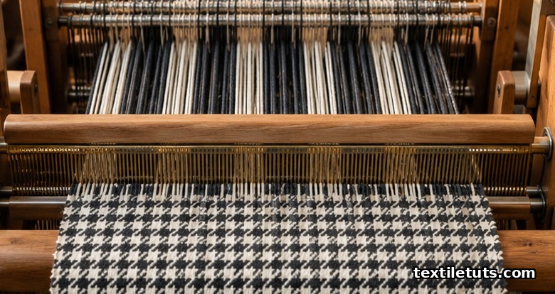 Traditional 4-shaft floor loom with a partially woven houndstooth warp in black and white threading sequence.