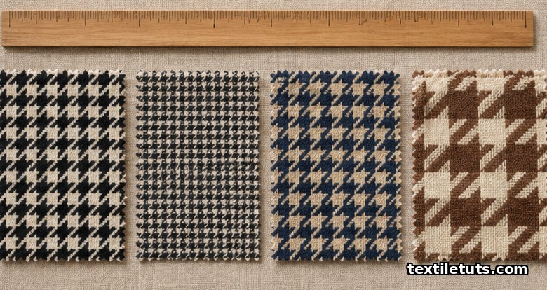 Four houndstooth fabric swatches in different scales and colorways laid out side by side.