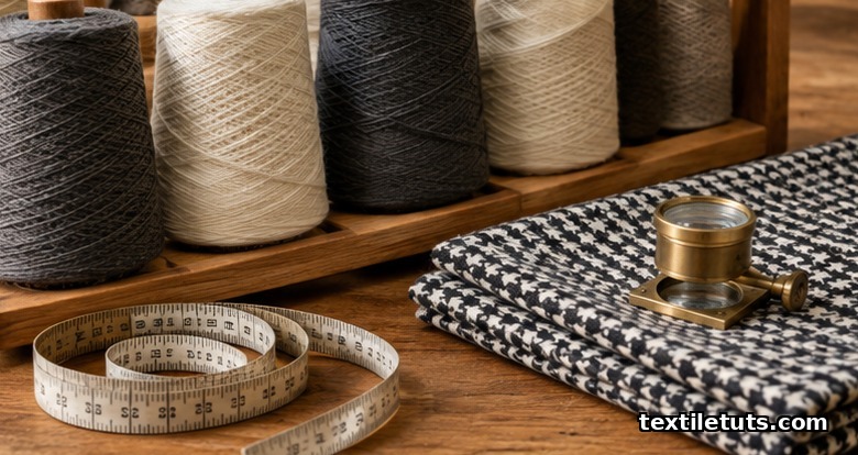 Spools of worsted wool yarn in cream and charcoal beside a finished houndstooth fabric swatch on wood.