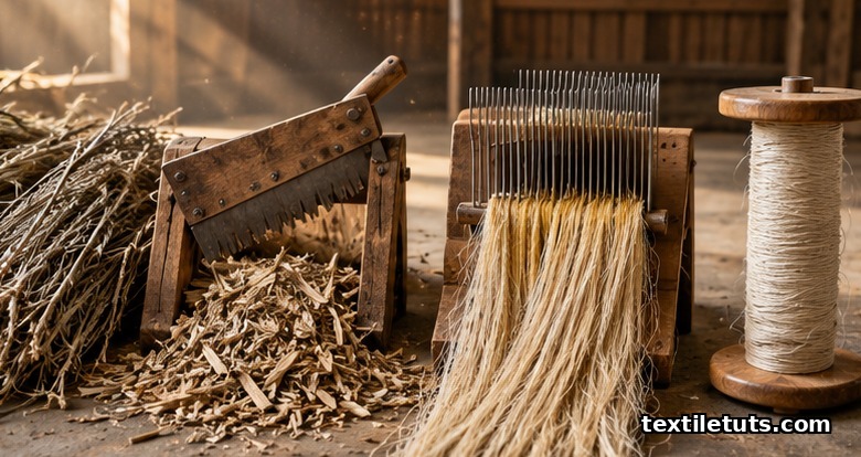 Hemp processing stages: retted stalks, wooden breaking brake, hackling pins with bast fiber and spun hemp yarn