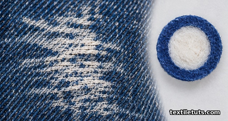 Worn indigo denim fabric showing white weft threads exposed through the faded blue surface, beside a fiber cross-section diagram.
