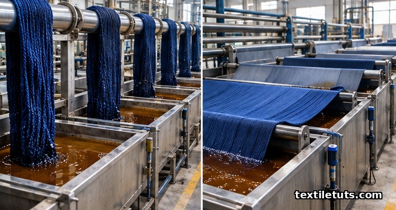 Side-by-side dyehouse view of rope-bundled yarns on the left and a flat warp sheet on the right passing through indigo dye boxes.
